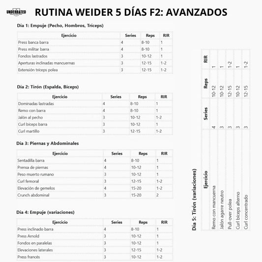 Rutina de entrenamiento Weider 5 días frecuencia 2 Avanzados
