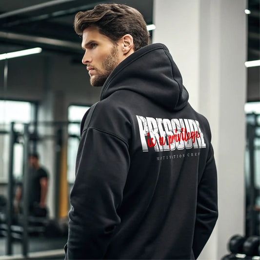 Sudadera gym negra PRESSURE IS A PRIVILEGE EN UNDERRATED.ES