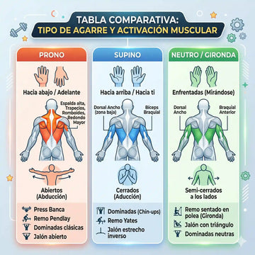 Guía de agarres de gimnasio prono, supino, neutro y gironda