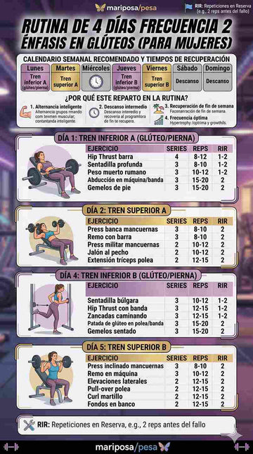 Rutina de 4 días frecuencia 2 para mujeres, énfasis en glúteos