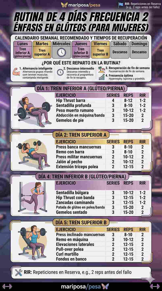 Rutina de 4 días frecuencia 2 para mujeres, énfasis en glúteos