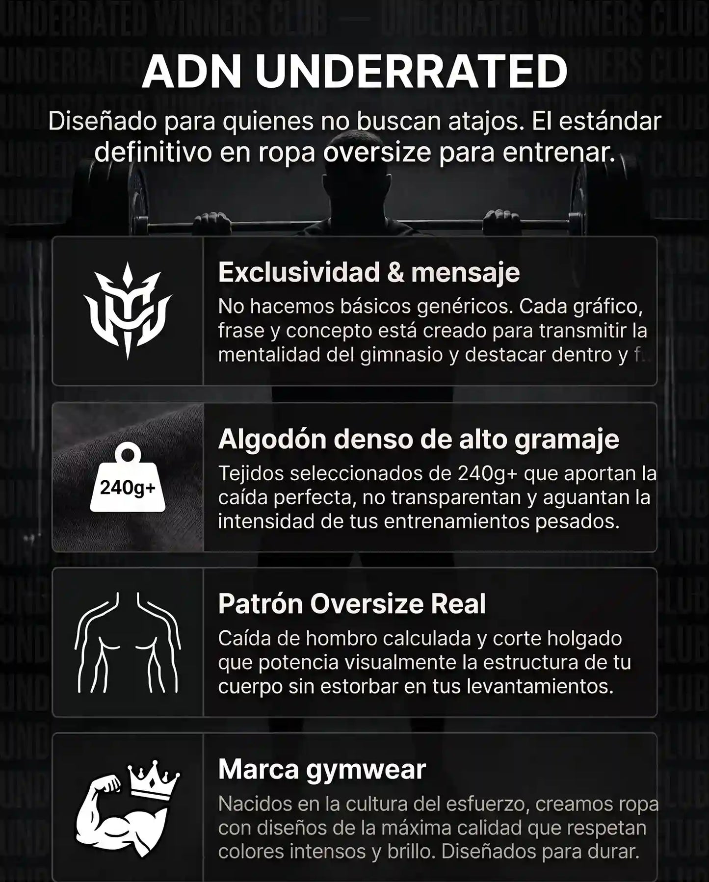 Valores del ADN de la marca UNDERRATED. Ropa de gimnasio con patrón oversize real y algodón de alto gramaje para quienes saben que la obsesión supera al talento. Diseñado para soportar entrenamientos pesados y destacar en el sector gymwear.