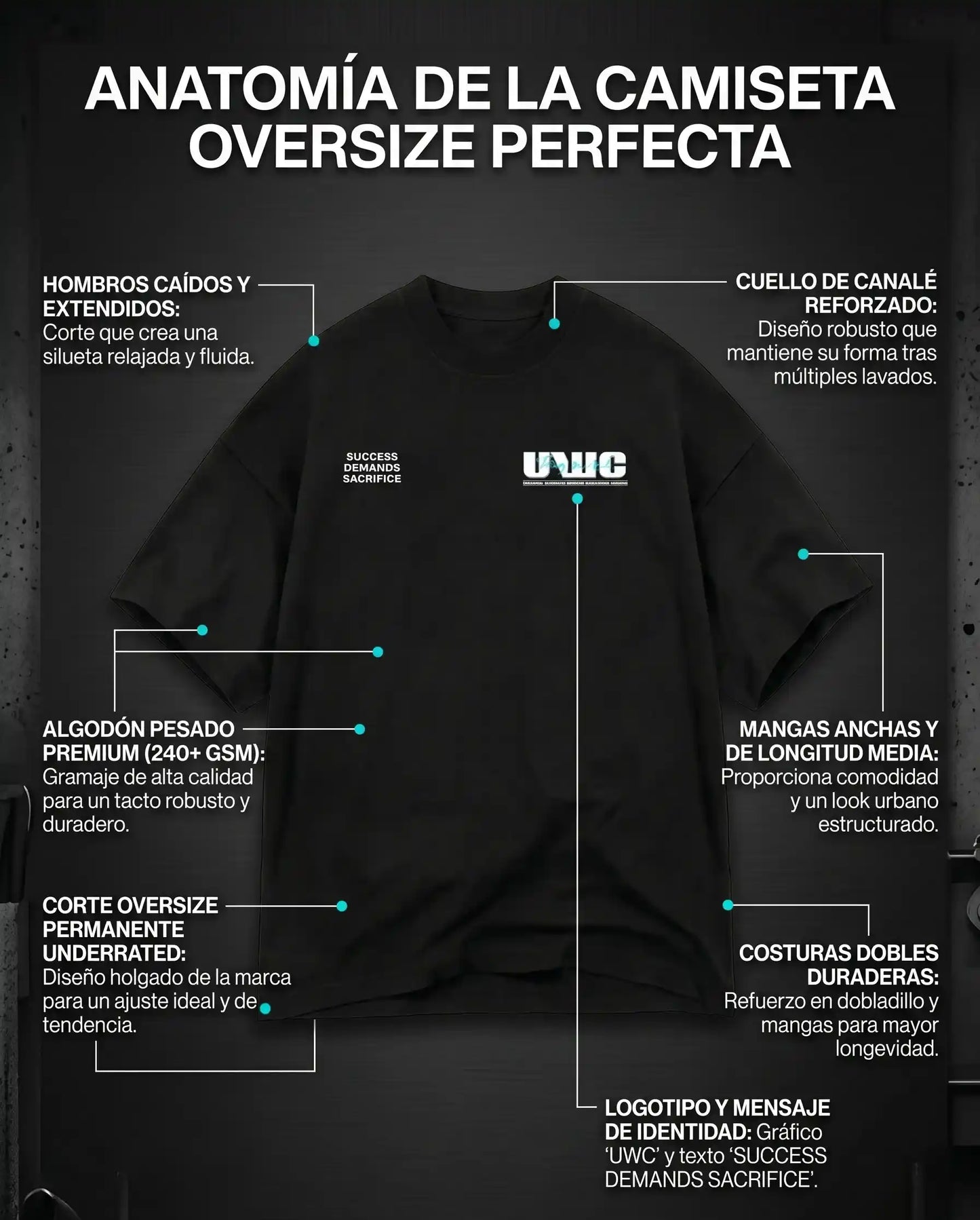 Despiece técnico de las camisetas oversize UNDERRATED para hombre y mujer: confeccionadas con algodón pesado premium de 240g, hombros caídos, cuello reforzado de canalé y corte oversize permanente para máxima comodidad en el gimnasio.