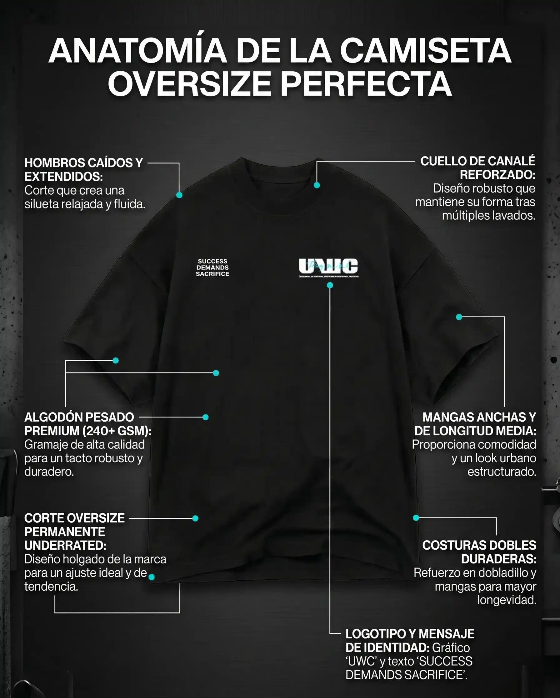 Despiece técnico de las camisetas oversize UNDERRATED para hombre y mujer: confeccionadas con algodón pesado premium de 240g, hombros caídos, cuello reforzado de canalé y corte oversize permanente para máxima comodidad en el gimnasio.