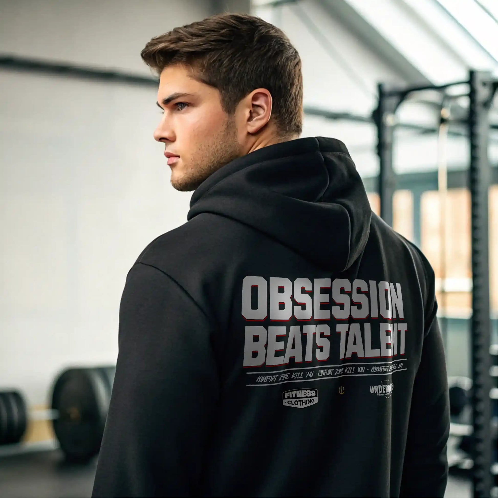 Sudadera gym negra OBSESSION BEATS TALENT EN UNDERRATED.ES