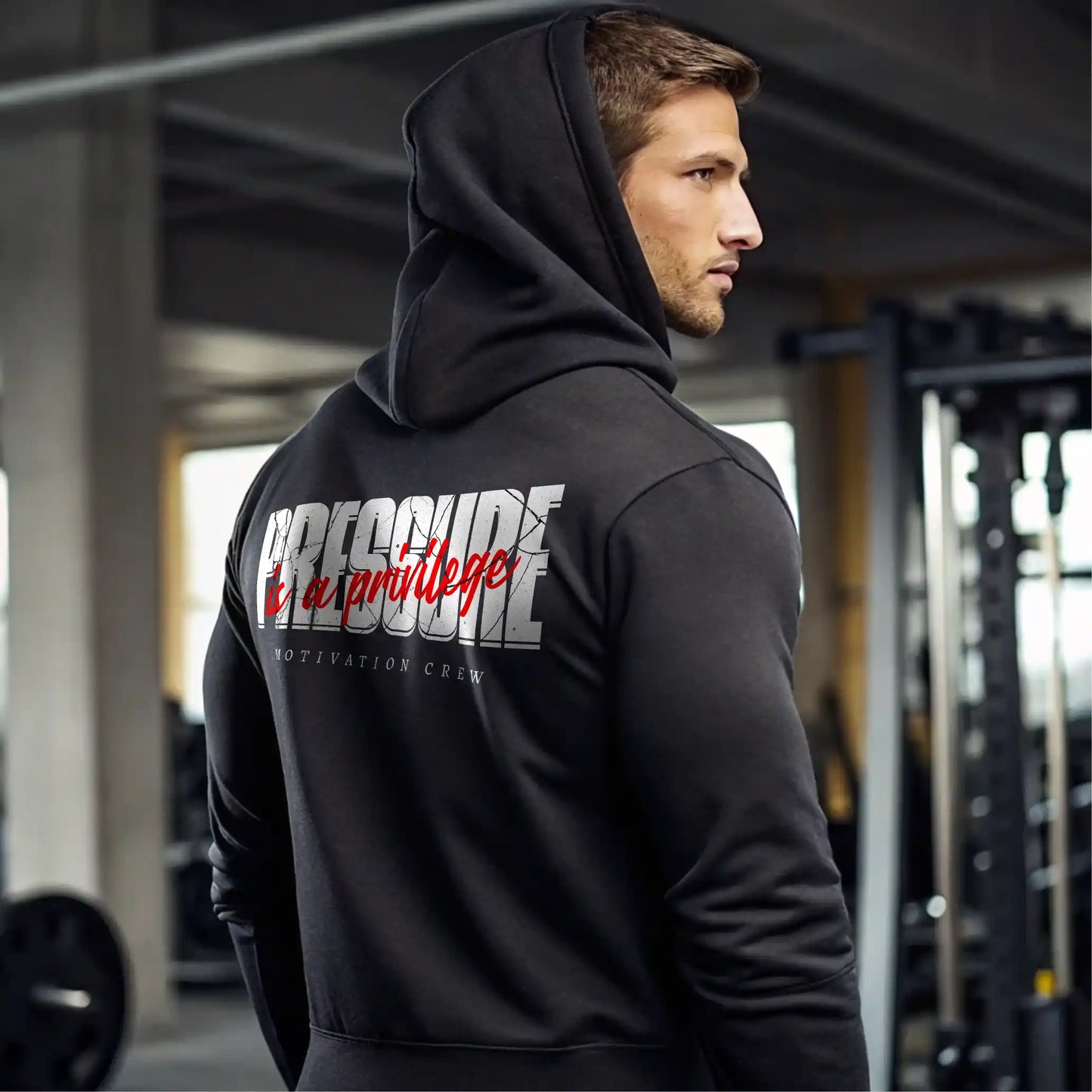 Sudadera gym negra PRESSURE IS A PRIVILEGE EN UNDERRATED.ES