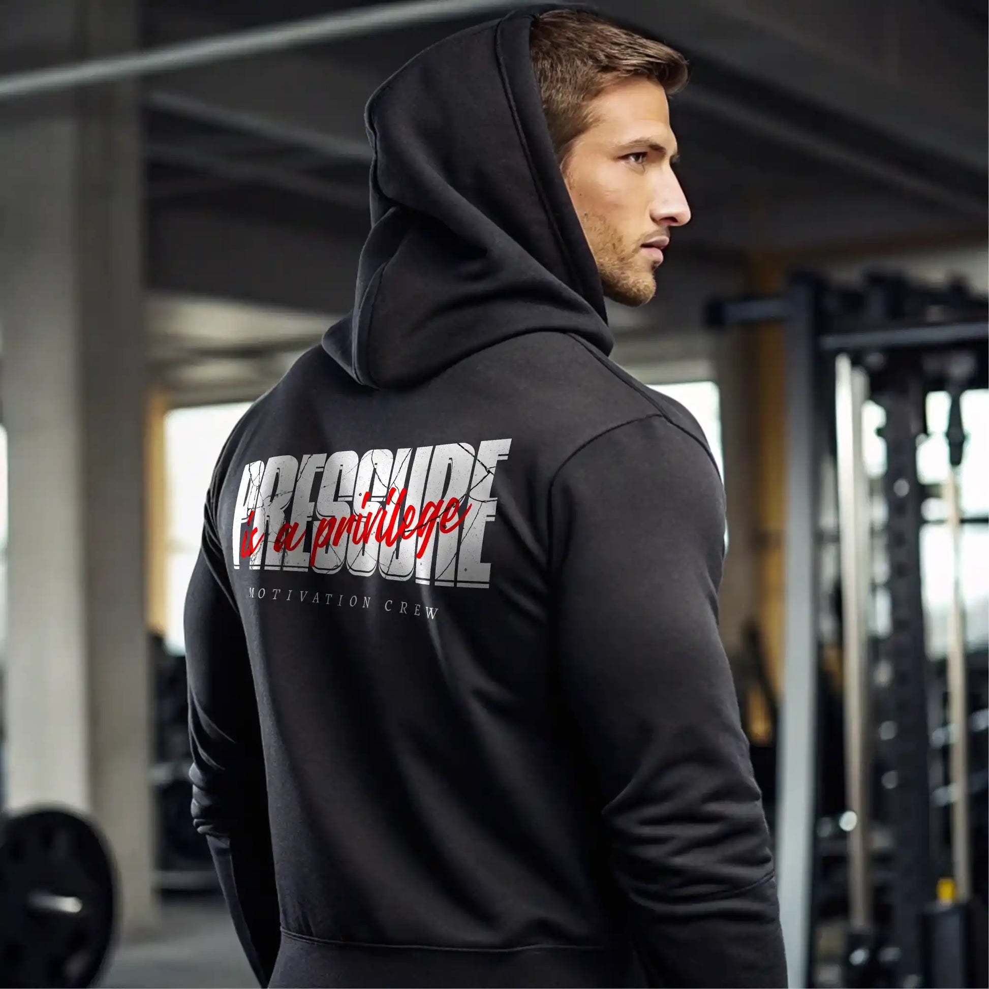 Sudadera gym negra PRESSURE IS A PRIVILEGE EN UNDERRATED.ES
