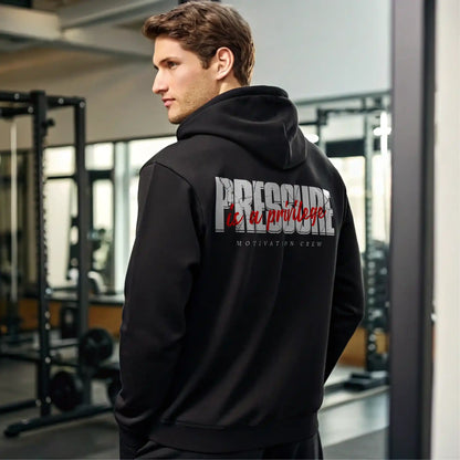 Sudadera gym negra PRESSURE IS A PRIVILEGE EN UNDERRATED.ES